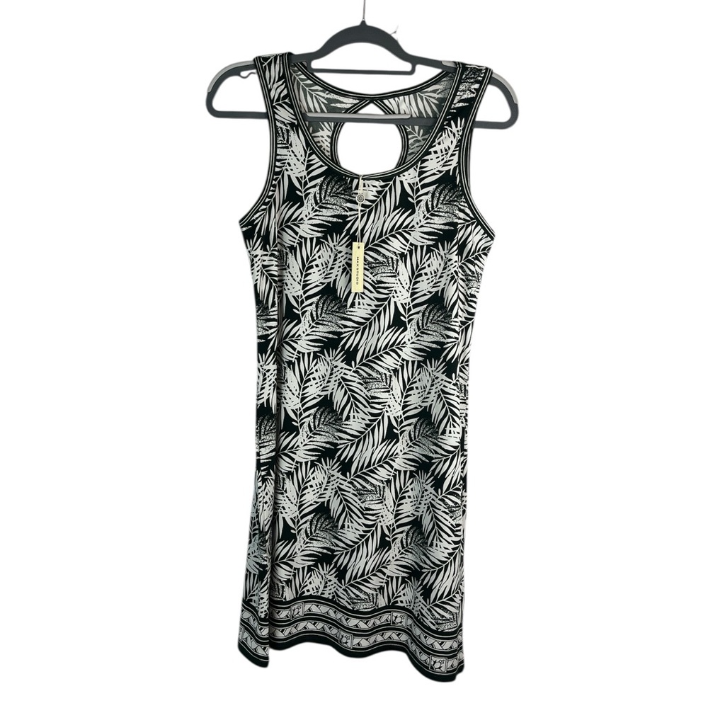 NWT Green Palm Leaf Sleeveless Dress Small Tropical Resort Keyhole Back Stretch‎